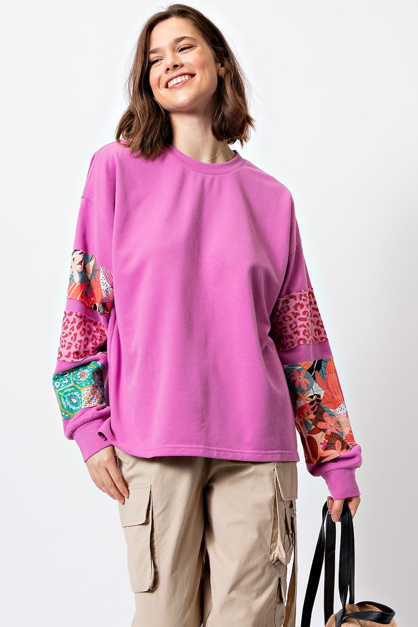 Easel Terry Knit Top with Mixed Print Sleeves in Orchid