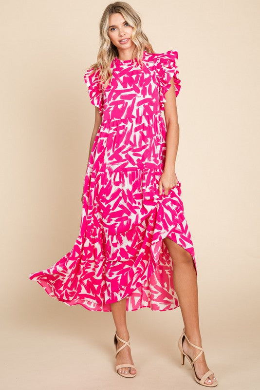 Jodifl Brushstroke Print Tiered Midi Dress in Pink