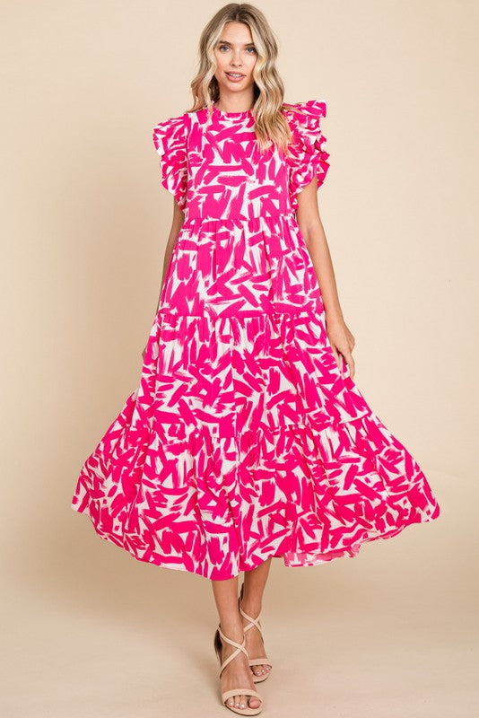 Jodifl Brushstroke Print Tiered Midi Dress in Pink