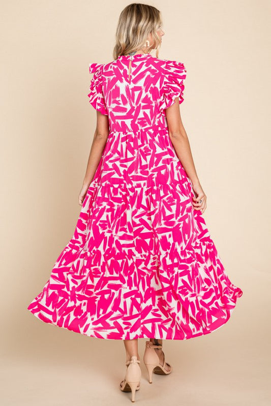 Jodifl Brushstroke Print Tiered Midi Dress in Pink