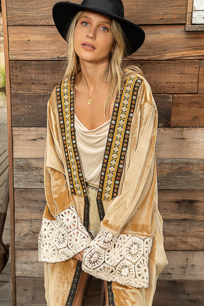 POL Long Velvet Cardigan with Contrasting Details in Gold Bronze