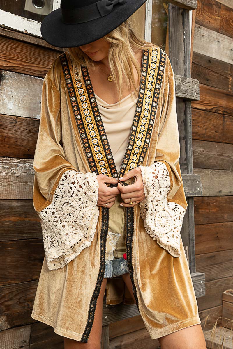 POL Long Velvet Cardigan with Contrasting Details in Gold Bronze