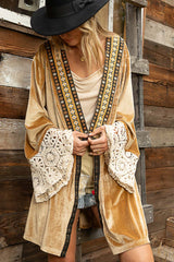 POL Long Velvet Cardigan with Contrasting Details in Gold Bronze