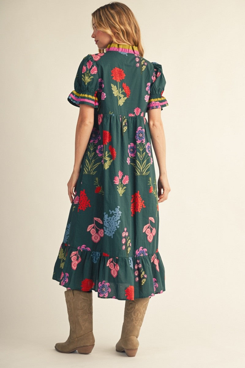Jodifl Contrast Accent Floral Midi Dress in Hunter Green