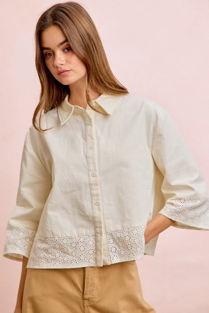 BiBi Eyelet Lace Hem Quarter Sleeve Top in Butter
