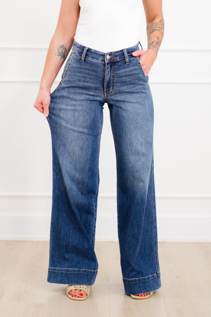 Judy Blue The Rory Petite/Reg Mid Rise Dark Wash Retro Wide Leg Trouser Jeans
