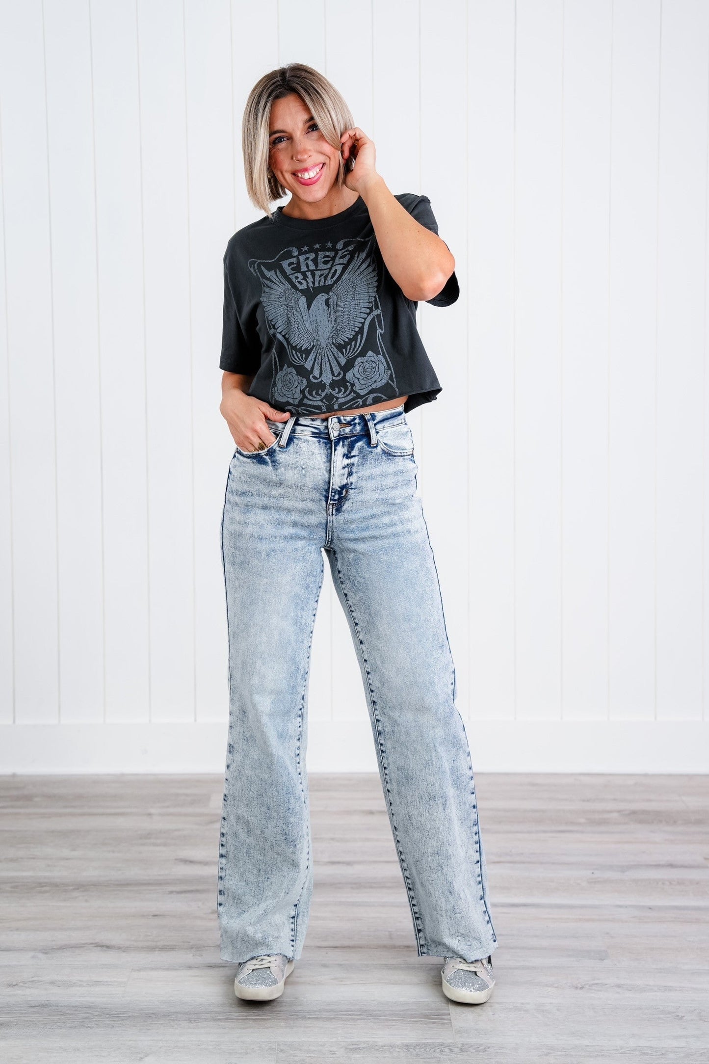 Judy Blue  Bad Blood High Rise Light Mineral Wash Raw Hem Wide Leg Jeans