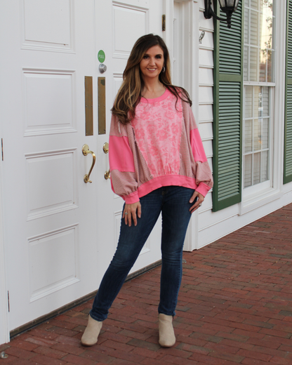 BiBi OVERSIZED Rose Twill and Stripe Mix n Match Top in Oatmeal/Pink