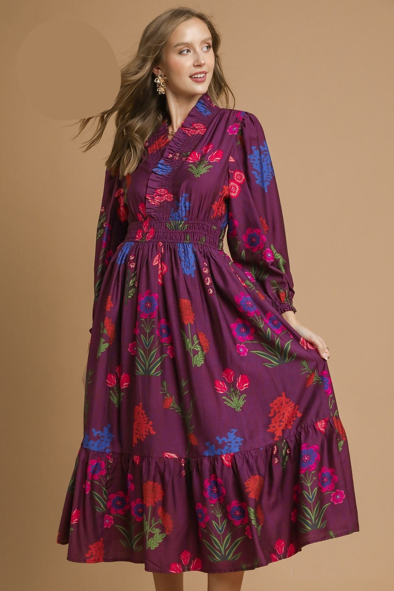 Umgee Mixed Floral Print Midi Dress in Burgundy Mix