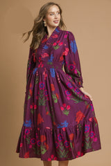Umgee Mixed Floral Print Midi Dress in Burgundy Mix