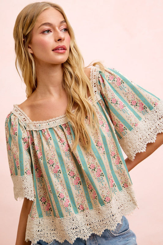 BiBi Mix n Match Floral and Lace Detailed Top in Teal ON ORDER