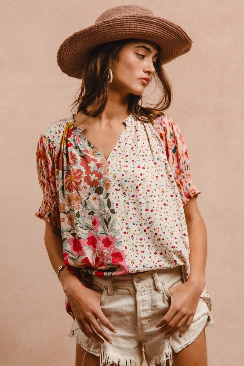 BiBi Mix N Match Woven Peasant Top in Rose Mix