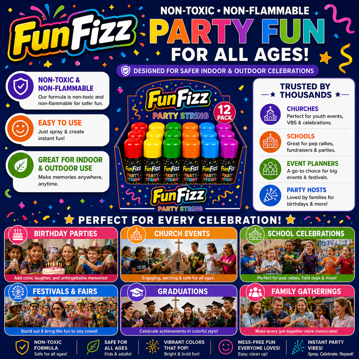 FunFizz Silly Party String Spray (12 Pack) – Non-Toxic Color String Aerosol for Birthday Parties, Weddings, Celebrations, School Events & Festive Occasions