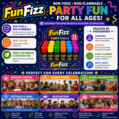FunFizz Silly Party String Spray (12 Pack) – Non-Toxic Color String Aerosol for Birthday Parties, Weddings, Celebrations, School Events & Festive Occasions