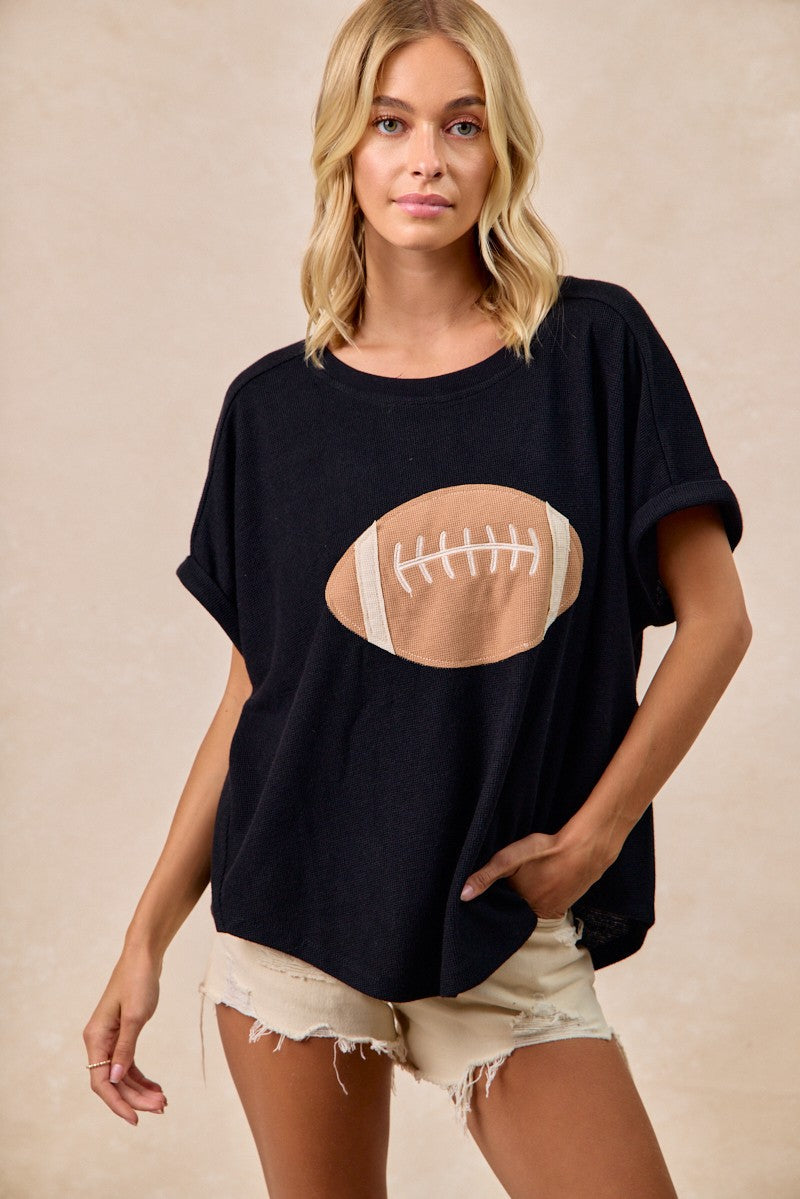 BiBi Solid Color Waffle Knit Top with Football Patch Front in Black