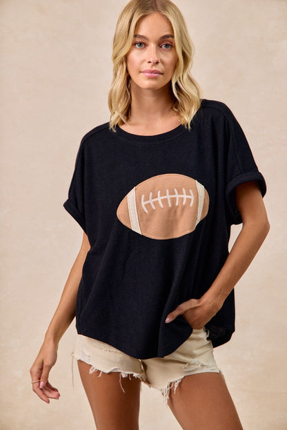 BiBi Solid Color Waffle Knit Top with Football Patch Front in Black