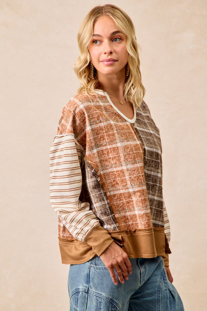 BiBi Plaid and Stripe Color Block Top in Rust/Dark Mocha