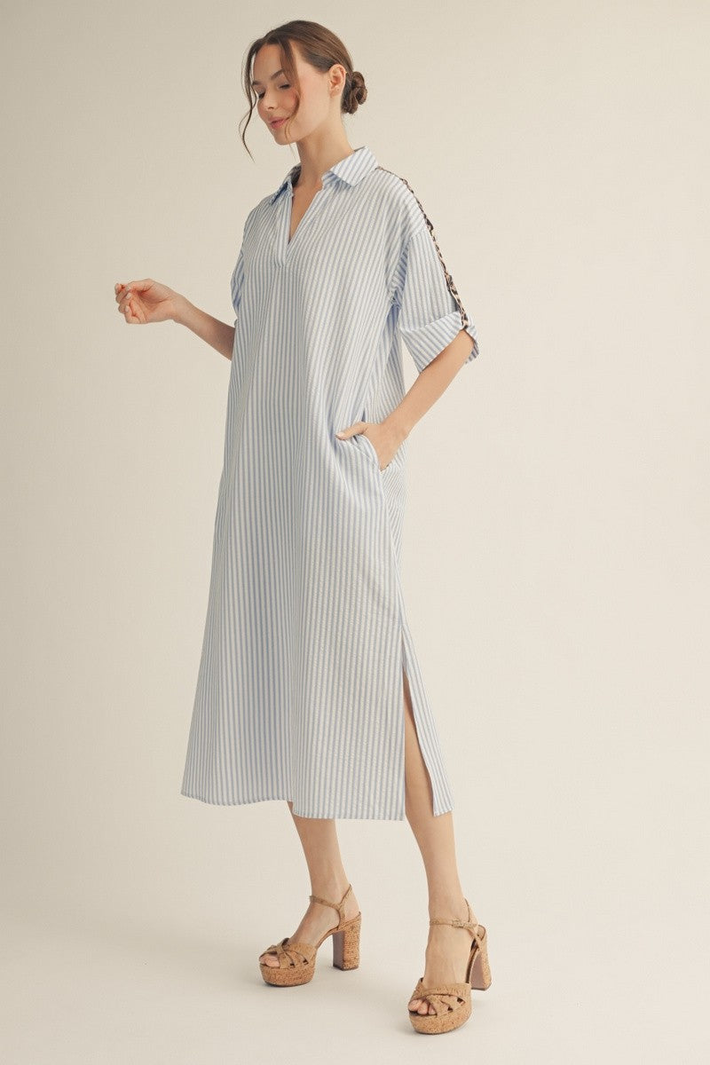 Jodifl Striped Midi Dress with Leopard Print Details in Blue