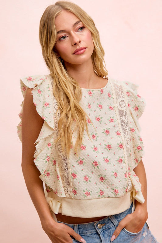 BiBi Flower Printed Ruffle Sleeve Trim Detail Top in Red Flower