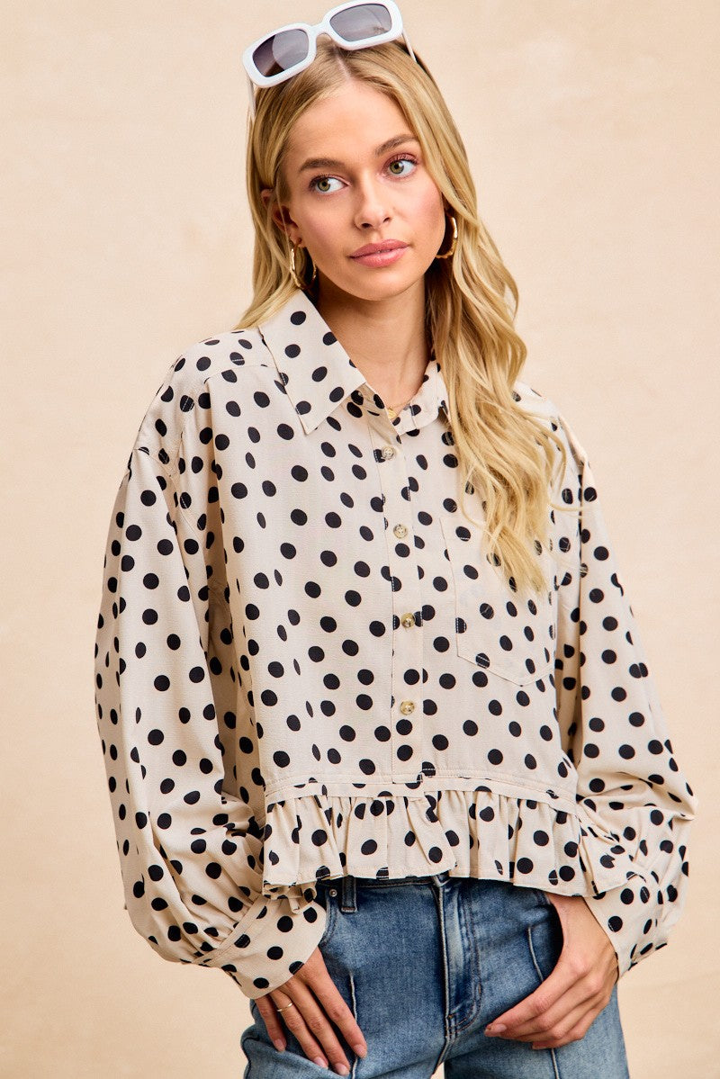 BiBi Crinkle Polka Dot Ruffle Hem Button Down Top in Cream/Black
