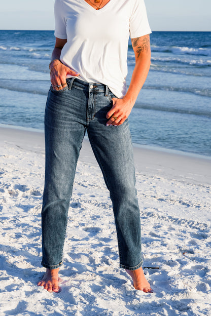 Restock! Judy Blue Mid Rise Dark Vintage Wash Non-Distressed Boyfriend