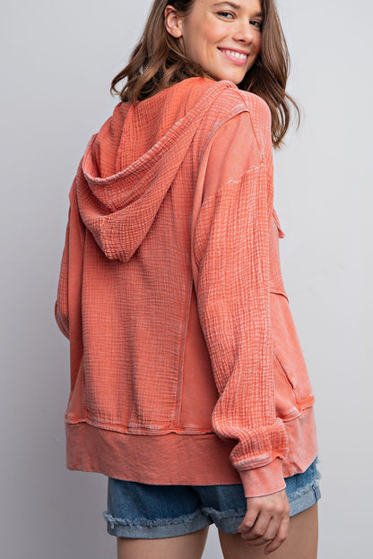 Easel Solid Color Mineral Washed Cotton Gauze Hooded Top in Brick