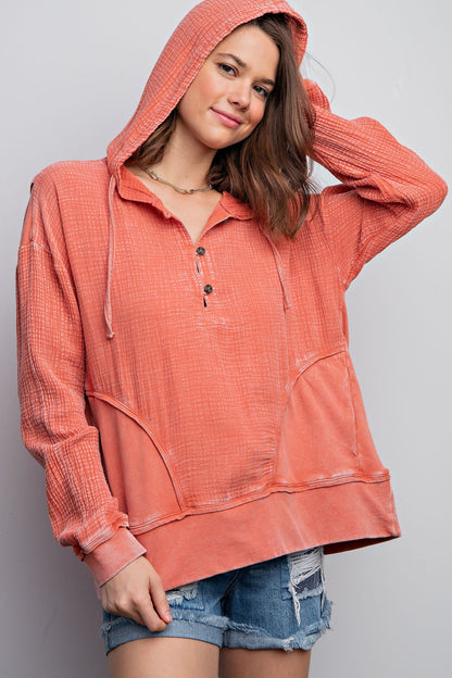 Easel Solid Color Mineral Washed Cotton Gauze Hooded Top in Brick