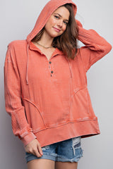 Easel Solid Color Mineral Washed Cotton Gauze Hooded Top in Brick
