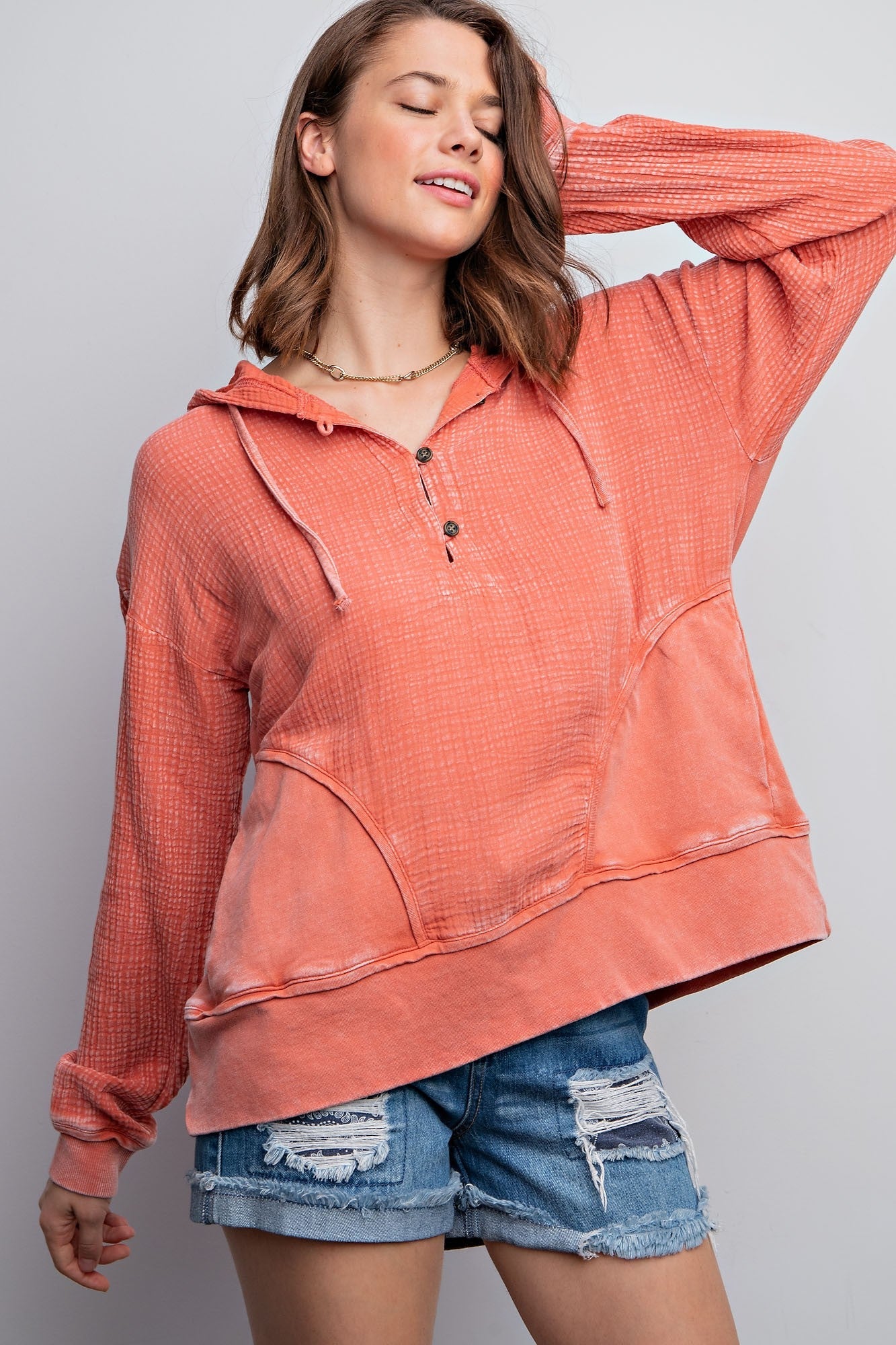 Easel Solid Color Mineral Washed Cotton Gauze Hooded Top in Brick