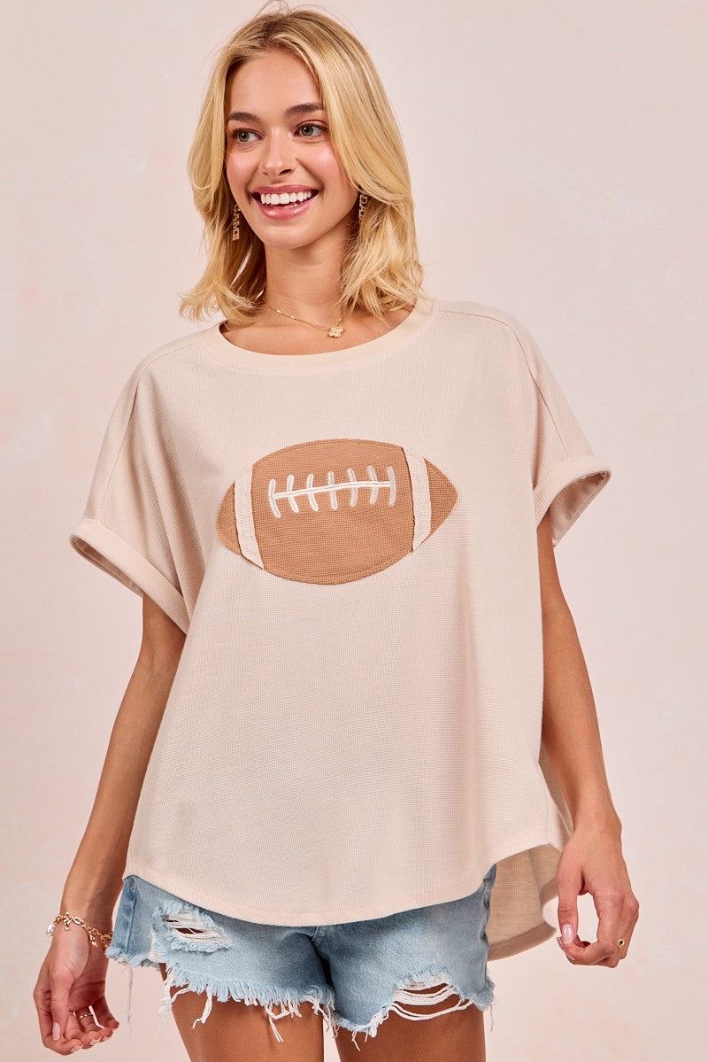 BiBi Solid Color Waffle Knit Top with Football Patch Front in Oatmeal