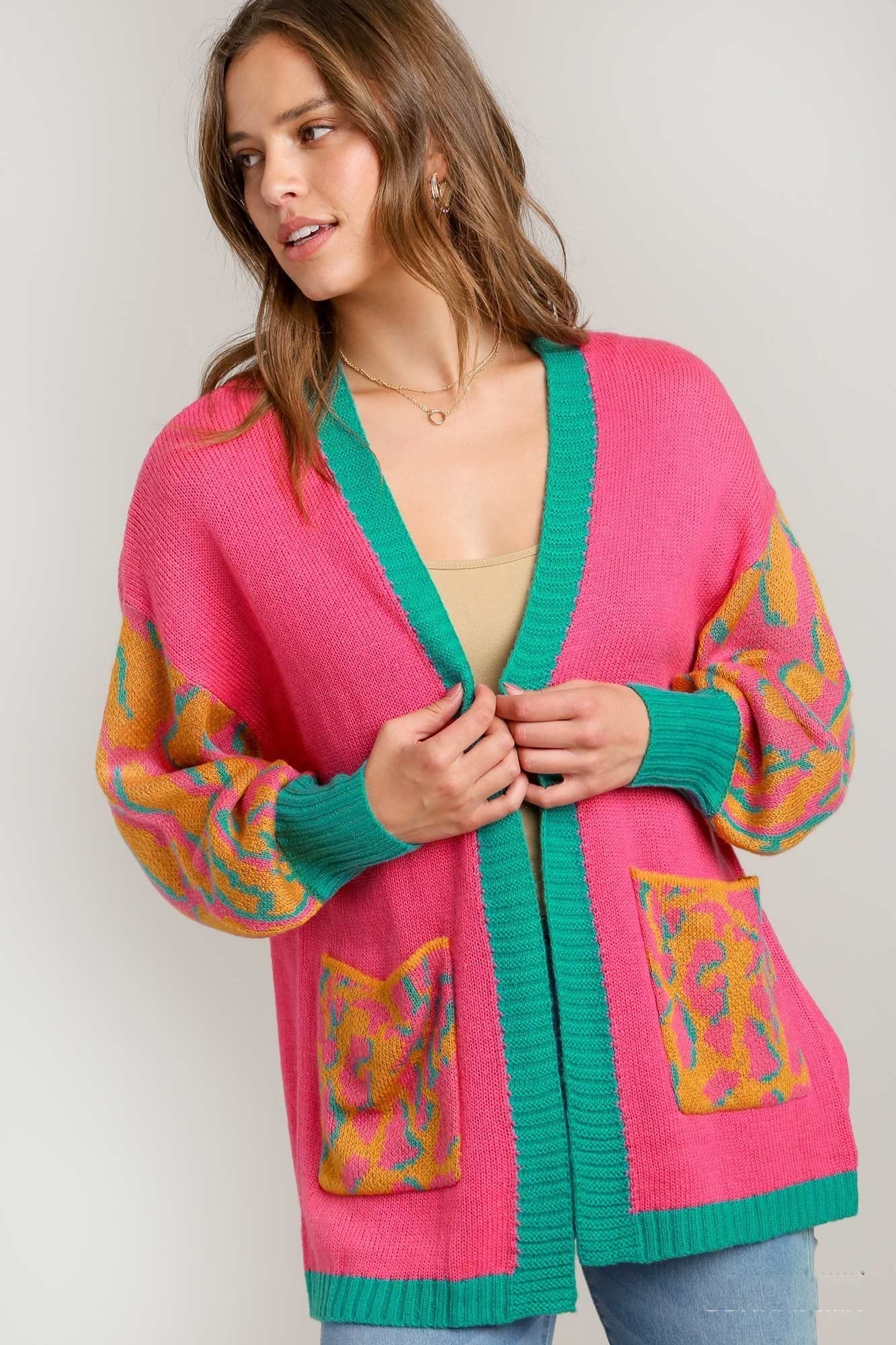 Umgee Animal Print Open Front Cardigan Sweater in Sunray Mix