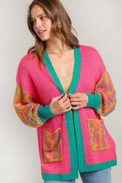 Umgee Animal Print Open Front Cardigan Sweater in Sunray Mix