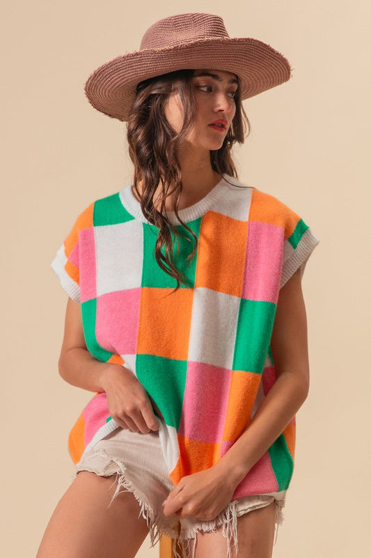 BiBi Multi Colored Checkered Pattern Sweater Vest Top in Orange/Pink/Jade