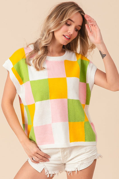 BiBi Multi Colored Checkered Pattern Sweater Vest Top in Lemon/Lime/Blush