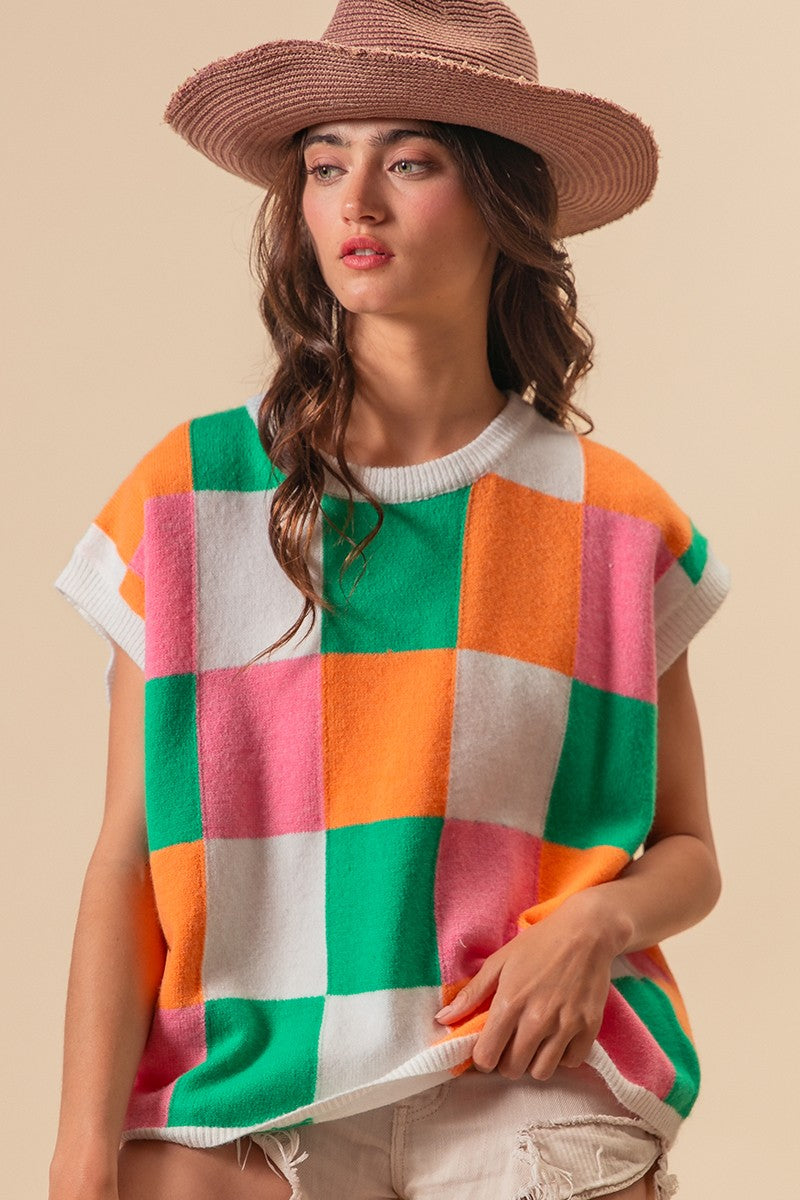 BiBi Multi Colored Checkered Pattern Sweater Vest Top in Orange/Pink/Jade