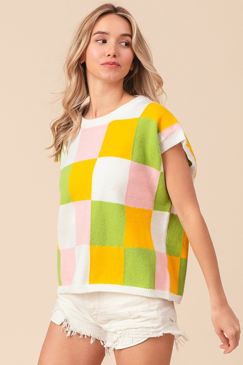 BiBi Multi Colored Checkered Pattern Sweater Vest Top in Lemon/Lime/Blush