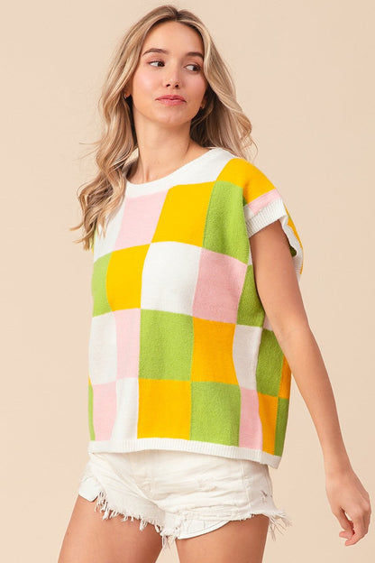 BiBi Multi Colored Checkered Pattern Sweater Vest Top in Lemon/Lime/Blush