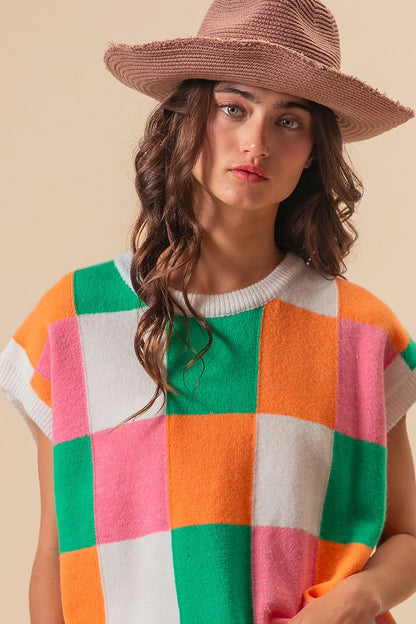 BiBi Multi Colored Checkered Pattern Sweater Vest Top in Orange/Pink/Jade