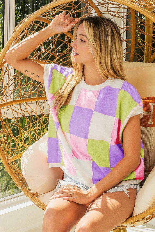 BiBi Multi Colored Checkered Pattern Sweater Vest in Lavender/Lime/Blush