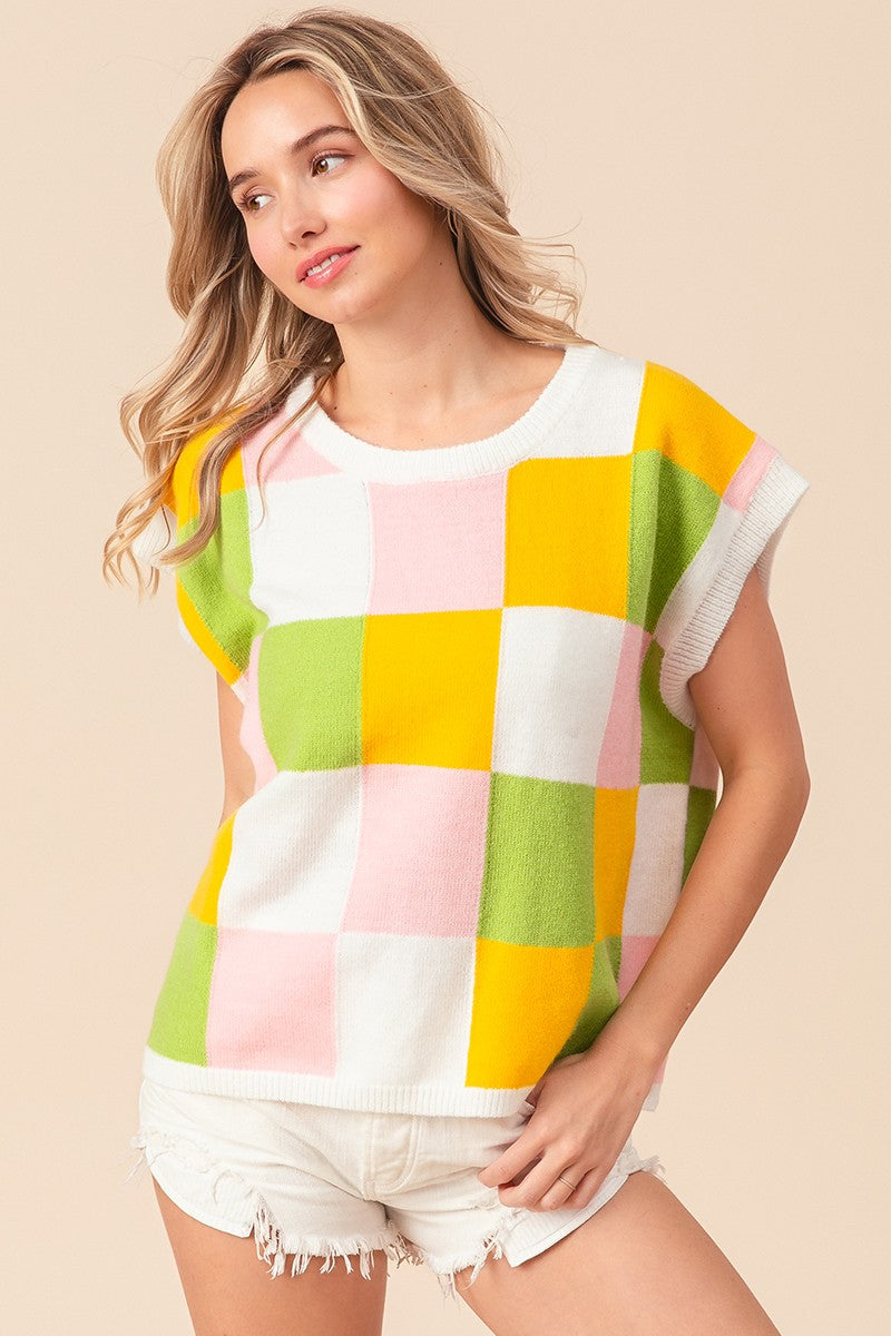 BiBi Multi Colored Checkered Pattern Sweater Vest Top in Lemon/Lime/Blush