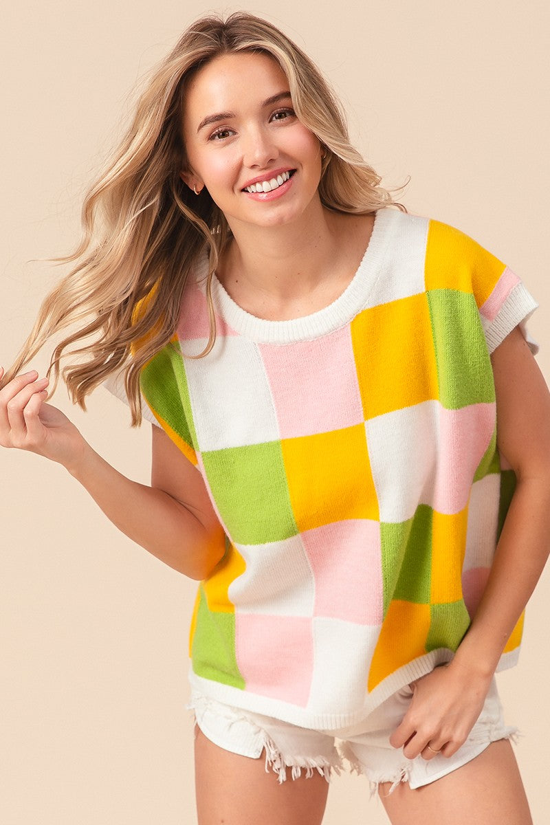 BiBi Multi Colored Checkered Pattern Sweater Vest Top in Lemon/Lime/Blush