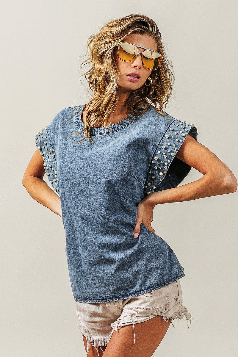 BiBi Denim Top with Pearl Embellished Sleeve Cuffs in Denim