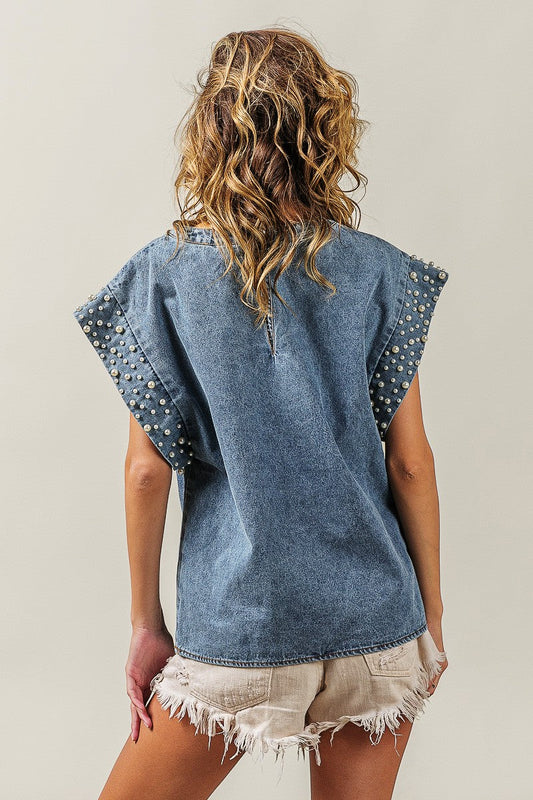 BiBi Denim Top with Pearl Embellished Sleeve Cuffs in Denim