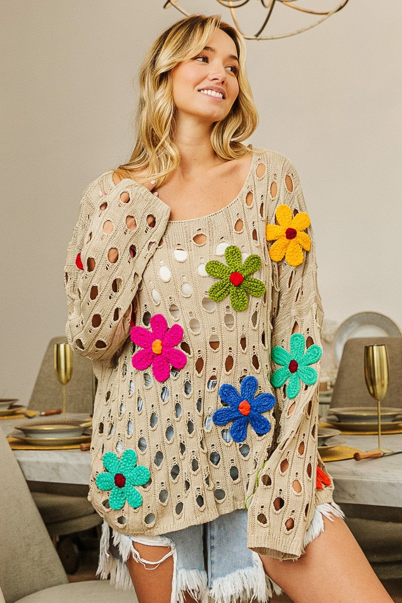 BiBi Perforated Sweater with Flower Appliques in Oatmeal