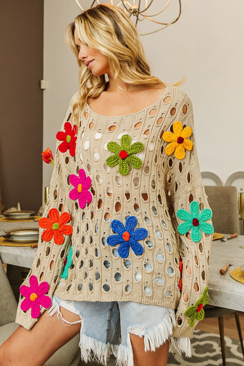 BiBi Perforated Sweater with Flower Appliques in Oatmeal