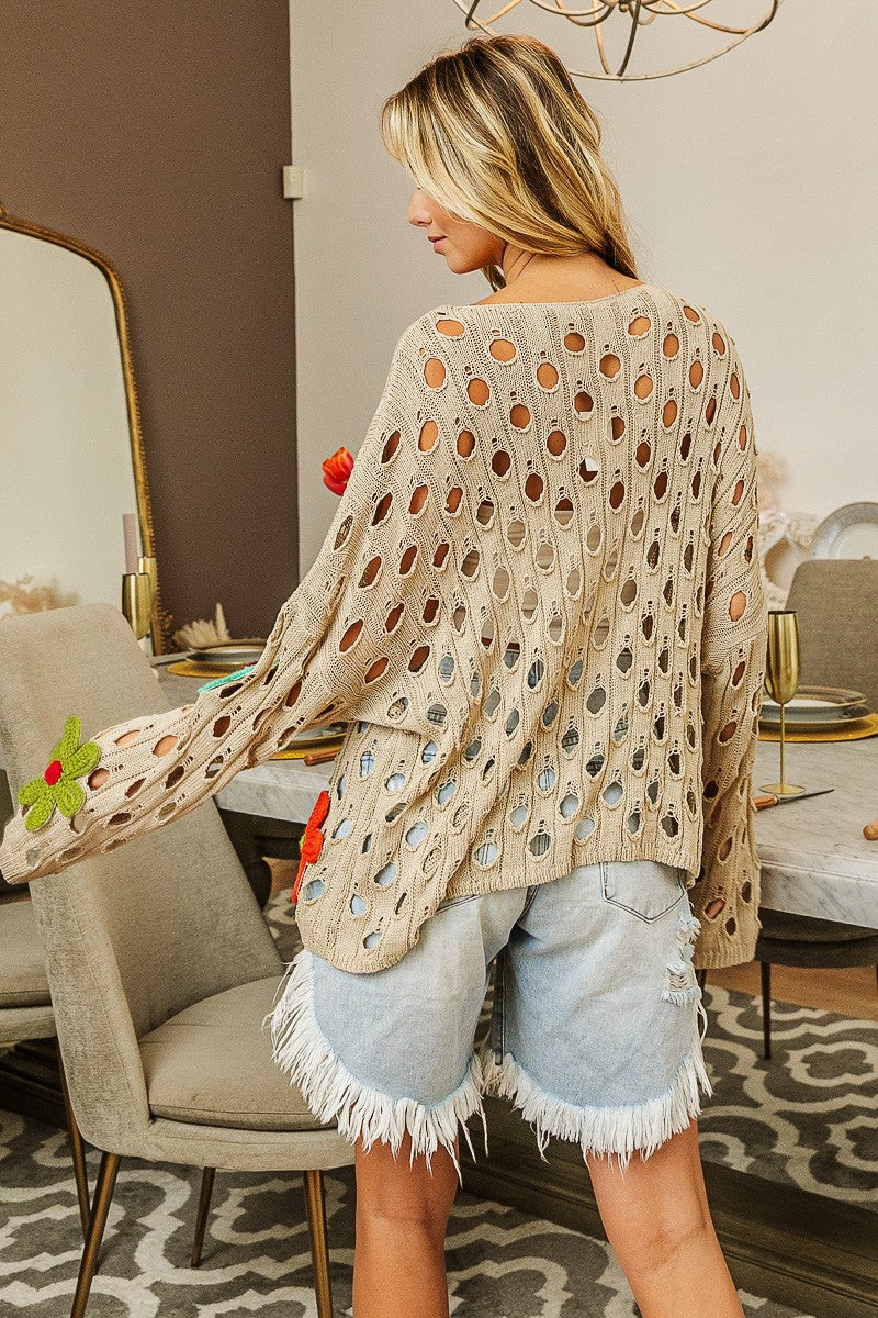BiBi Perforated Sweater with Flower Appliques in Oatmeal