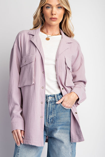 Easel Cotton Gauze Button Down Top in Mushroom