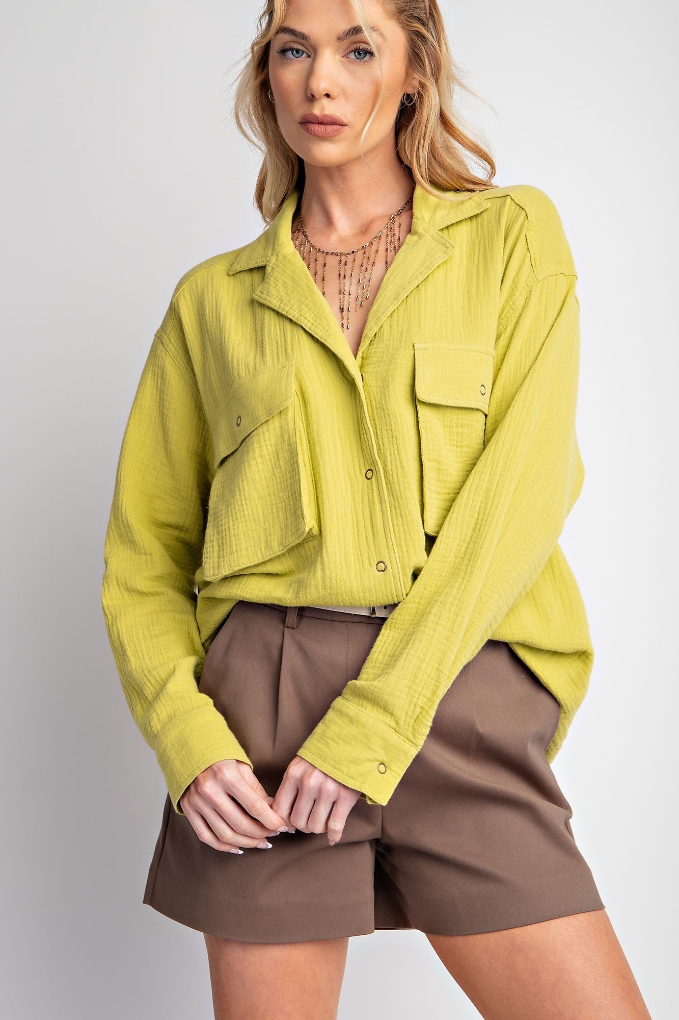 Easel Cotton Gauze Button Down Top in Matcha Latte