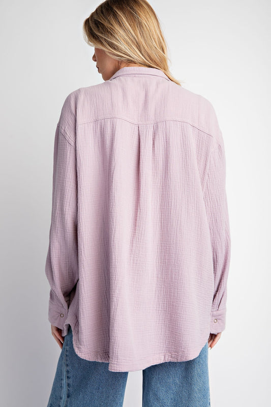 Easel Cotton Gauze Button Down Top in Mushroom