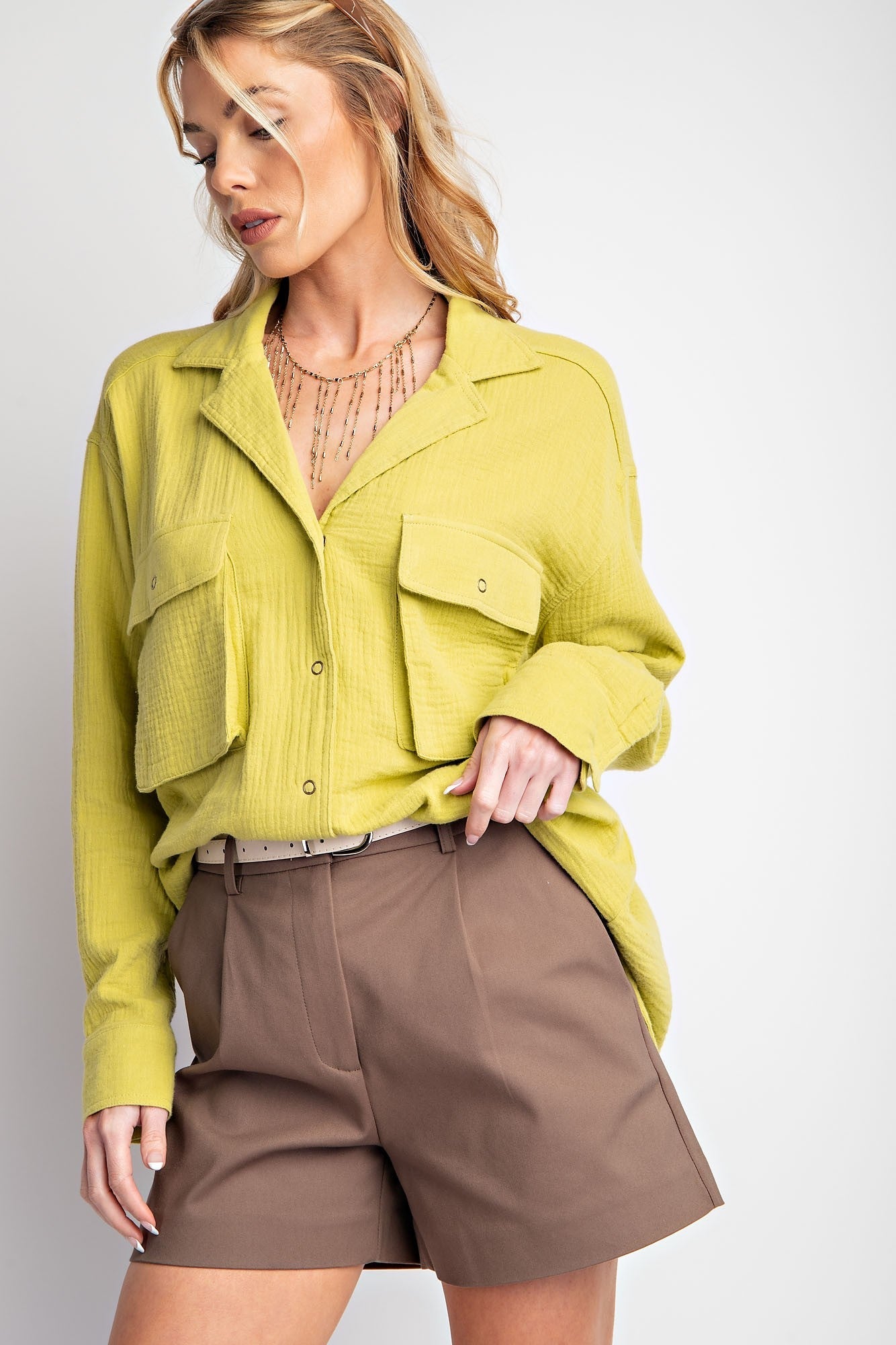 Easel Cotton Gauze Button Down Top in Matcha Latte